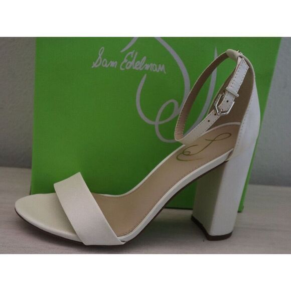 Sam Edelman Women Sz 7.5 Pearl/Ivory Satin Yaro Ankle Strap Block Heel Sandals - Picture 12 of 15